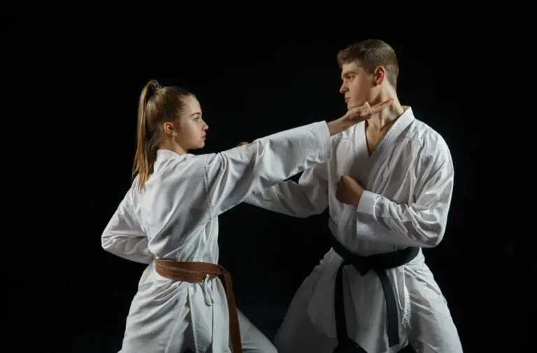 Students performing a martial arts drill during training practice