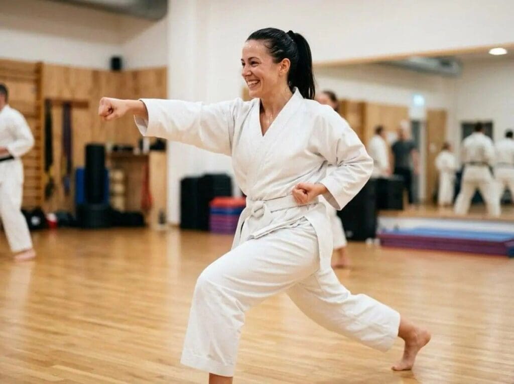 Adult student learning karate training basics and stance control