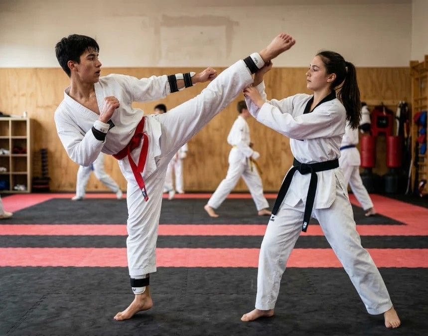 Karate training basics with high kick flexibility and control practice