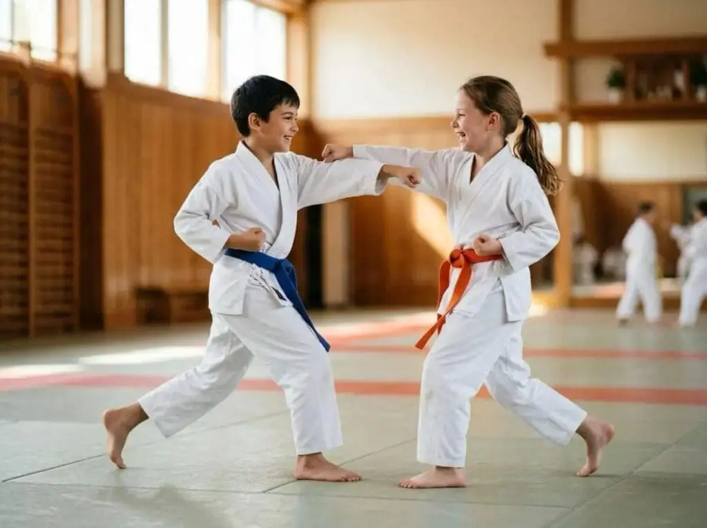 Kids practicing karate training basics during controlled sparring